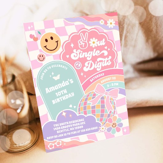 Invitation Peace Out Single Digits Rainbow Disco Birthday