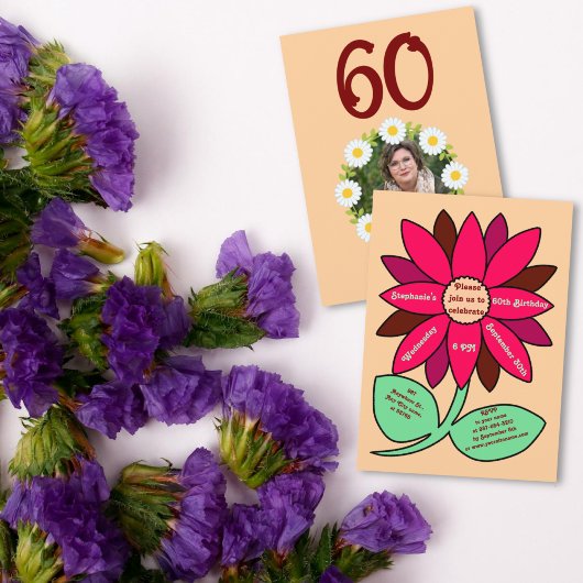 Invitation Peach 60th Birthday Simple Red Sunflower