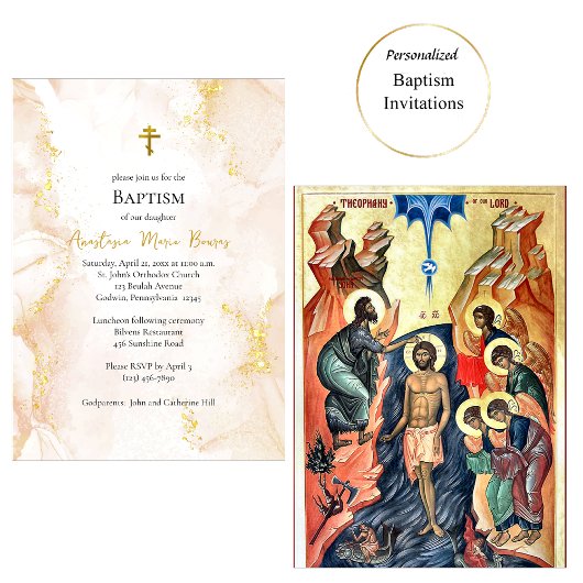 Invitation Peach and Gold Orthodox Baptism