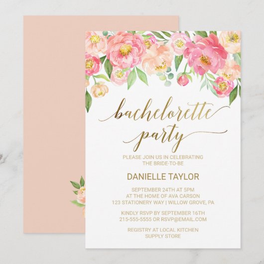 Invitation Peach and Pink Peony Flower Bachelorette Party (Devant / Derrière)