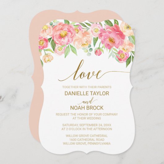 Invitation Peach and Pink Peony Flowers "Love" Mariage (Devant / Derrière)