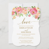 Invitation Peach and Pink Peony Flowers "Love" Mariage (Devant)