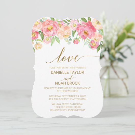 Invitation Peach and Pink Peony Flowers "Love" Mariage (Debout devant)