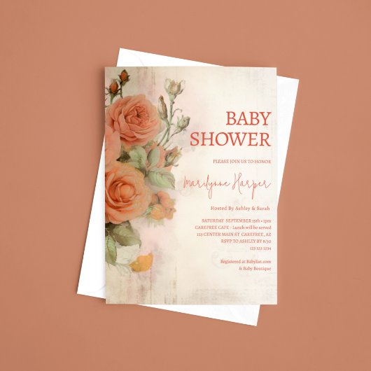 Invitation Peach Apricot Baby shower Rose Vintage