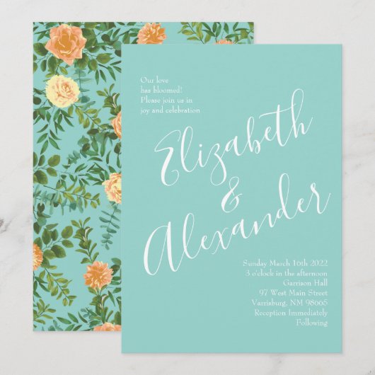 Invitation Peach & Aqua Peony & Rose Floral Mariage (Devant / Derrière)