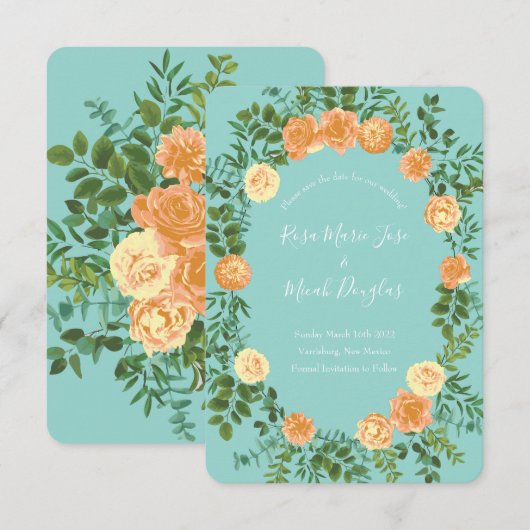 Invitation Peach & Aqua Peony Rose Floral Mariage Date de sau (Devant / Derrière)