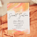 Invitation Peach aquarelle or parties scintillant photo Sweet<br><div class="desc">Peach coral aquarelle or parties scintillant photo Sweet 16 anniversaire fête,  avec un script chic calligraphie. Ajoutez votre photo à l'arrière. Contactez-moi pour changer la police principale.</div>