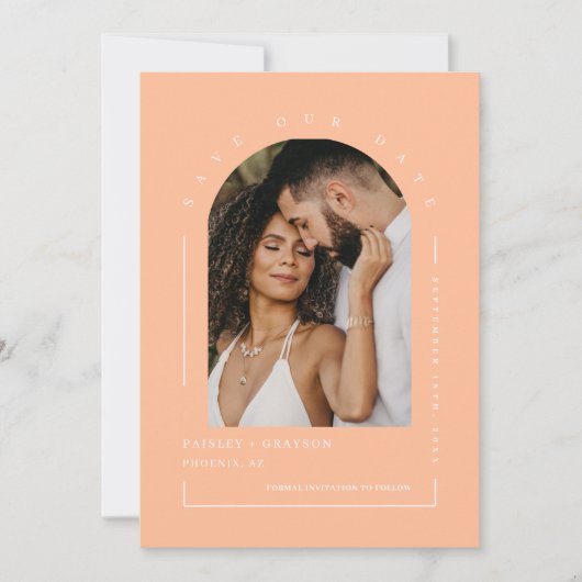 Invitation Peach Arch Photo QR Code Enregistrer notre date (Devant)