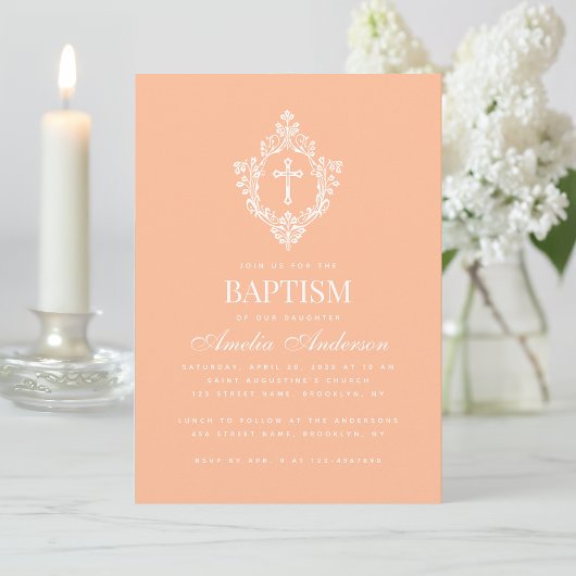 Invitation Peach Baptism Cross in Crest Elegant Vintage