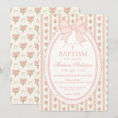 Invitation Peach & Beige Vintage Fancy Floral Baptism (Devant / Derrière)