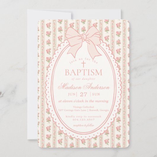 Invitation Peach & Beige Vintage Fancy Floral Baptism (Devant)