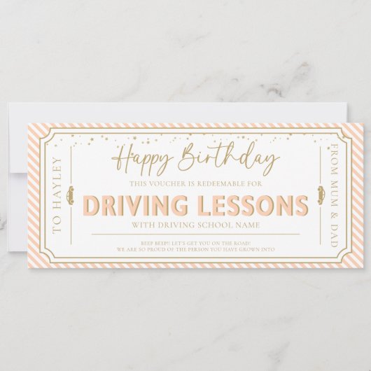 Invitation Peach Birthday Driving Lessons Gift Voucher Card (Devant)
