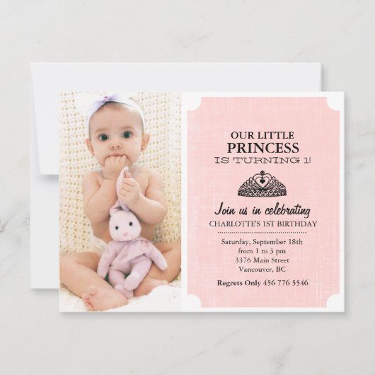Invitation Peach & Black Tiara Photo First Birthday Invitatio (Devant)