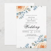 Invitation Peach Blue Botanical Flourish Wedding (Devant / Derrière)