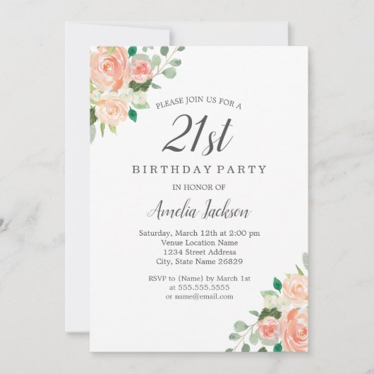 Invitation Peach Blush Aquarelle Floral 21e fête d'anniversai (Devant)