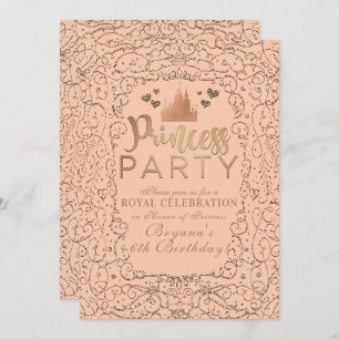 Invitation Peach Blush Gold Castle PRINCESS Fête Anniversaire