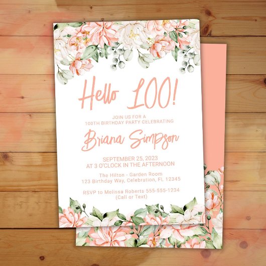 Invitation Peach Blush Ivory Floral 100e fête d'anniversaire