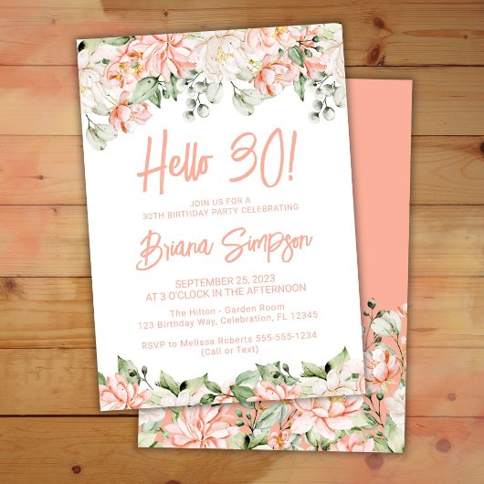 Invitation Peach Blush Ivory Floral 30e fête d'anniversaire