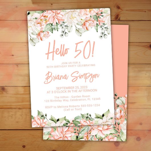 Invitation Peach Blush Ivory Floral 50e fête d'anniversaire