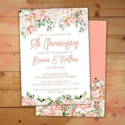 Invitation Peach Blush Ivory Floral 5e anniversaire Mariage