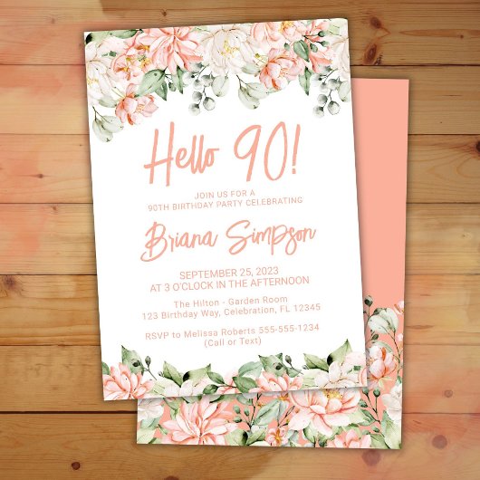 Invitation Peach Blush Ivory Floral 90e fête d'anniversaire
