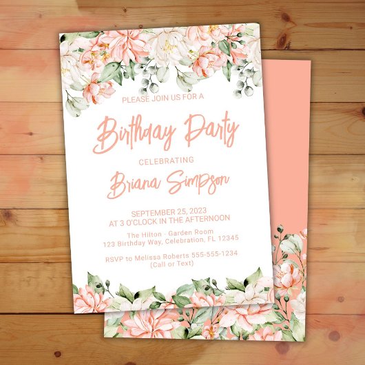 Invitation Peach Blush Ivory Floral fête d'anniversaire