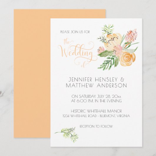 Invitation Peach Blush Rose or Aquarelle Mariage Floral | (Devant / Derrière)