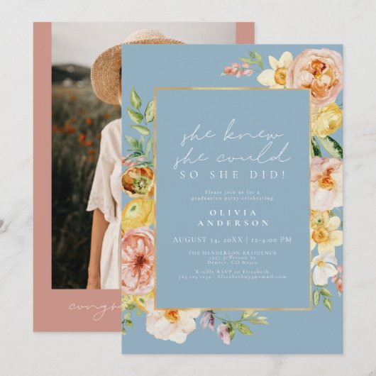Invitation Peach Blush Spring Floral Dusty Blue Graduation (Devant / Derrière)