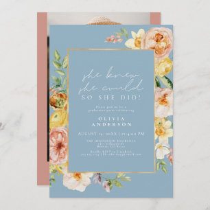 Invitation Peach Blush Spring Floral Dusty Blue Graduation 