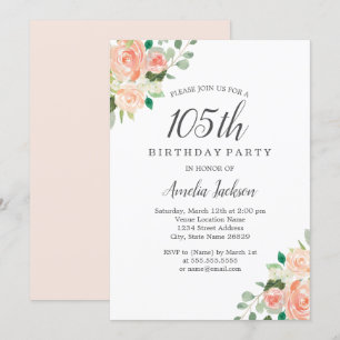 Invitation Peach Blush Watercolor Floral 105e fête d'annivers