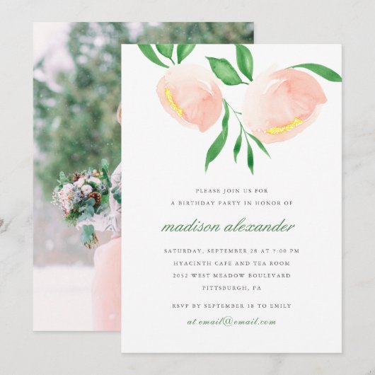 Invitation Peach Blush Watercolor Flower Photo Anniversaire (Devant / Derrière)