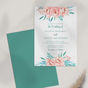 Invitation Peach bohème et mariage floral turquoise invitent