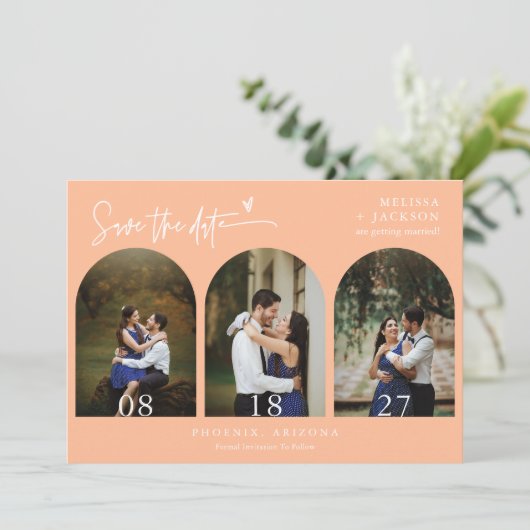 Invitation Peach Boho Arch Photo QR Code Enregistrer la date (Debout devant)