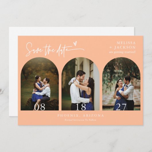 Invitation Peach Boho Arch Photo QR Code Enregistrer la date (Devant / Derrière)