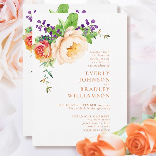 Invitation Peach Bold Aquarelle Florale Mariage botanique