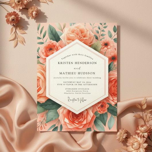 Invitation Peach Botanical Romance Wedding