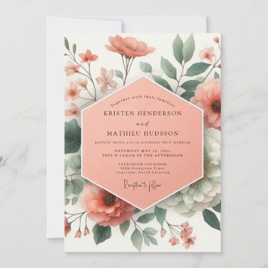 Invitation Peach Botanical Romance Wedding (Devant)