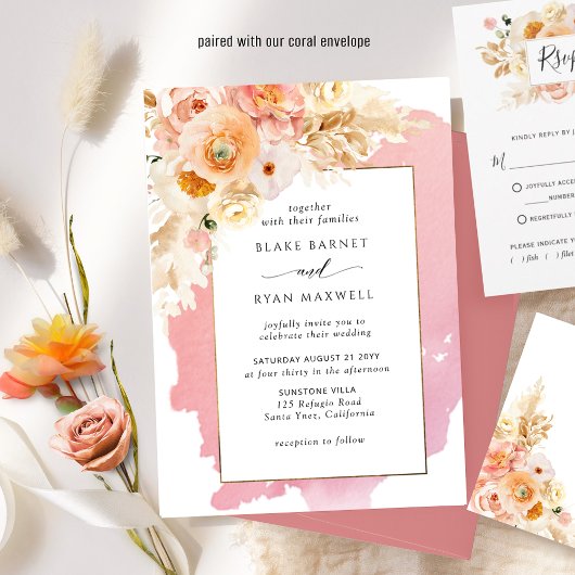 Invitation Peach chic, Crème rose et Mariage floral de corail