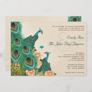 Invitation Peach Coral Apricot Peony Birdcage Mariage Peacock