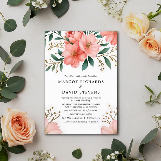 Invitation Peach Coral Floral Spring Mariage botanique