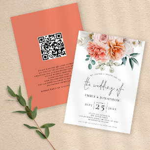 Invitation Peach Coral Peonies Florals QR Code Mariage