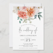 Invitation Peach Coral Peonies Florals QR Code Mariage (Devant)