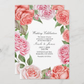 Invitation Peach Coral Rose Roses Verdure Feuille Mariage (Devant / Derrière)