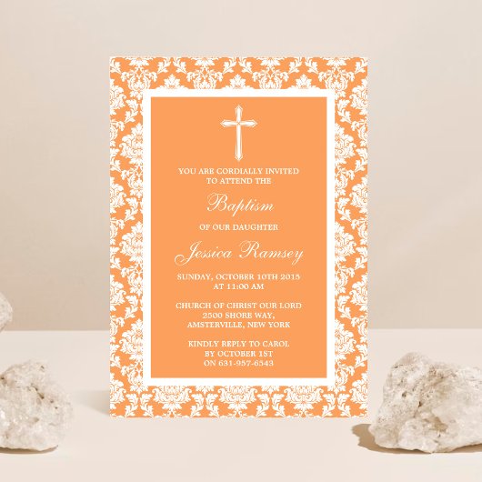 Invitation Peach Damask Cross Baptême Ou Christening