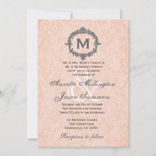 Invitation Peach Damask Silver Vintage Monogramme Mariage (Devant)