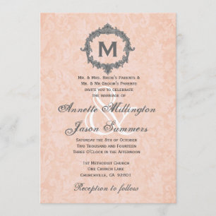 Invitation Peach Damask Silver Vintage Monogramme Mariage