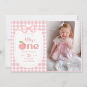 Invitation Peach En vichy rose Premier anniversaire Photo (Devant)