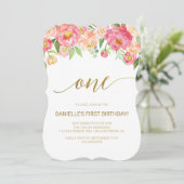 Invitation Peach et rose Peony Flowers Premier anniversaire (Debout devant)