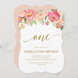 Invitation Peach et rose Peony Flowers Premier anniversaire