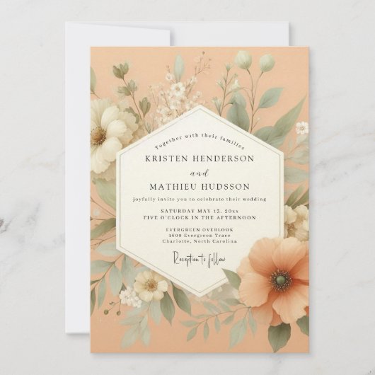 Invitation Peach Ethereal Bloom Wedding (Devant)